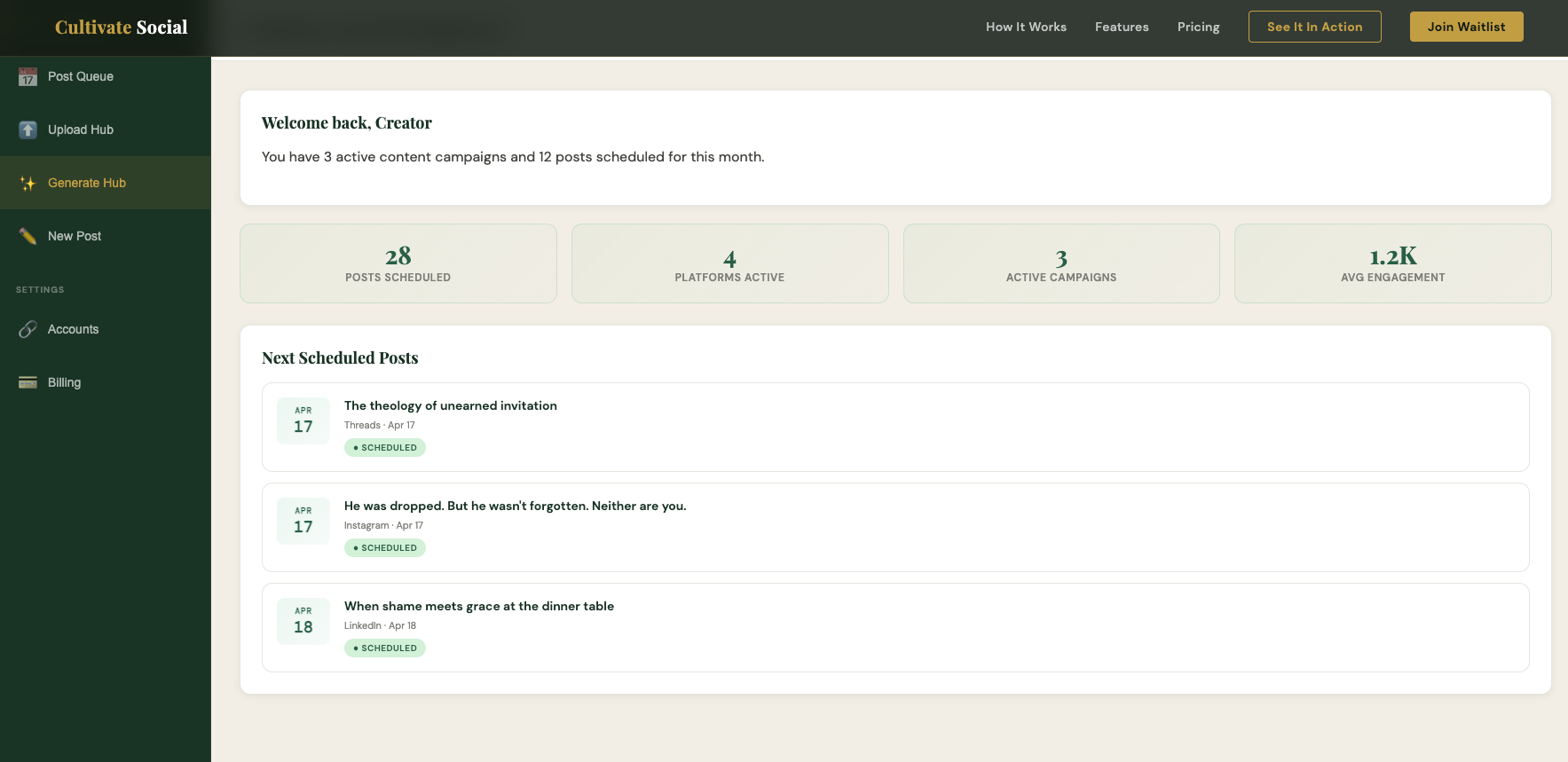 Cultivate Social dashboard showing campaigns, scheduled posts, and analytics